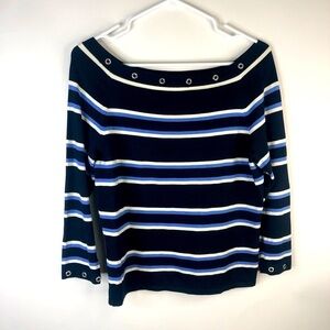 Carlisle black white blue stripe scoop neck embellished 3/4 sleeve sweater M